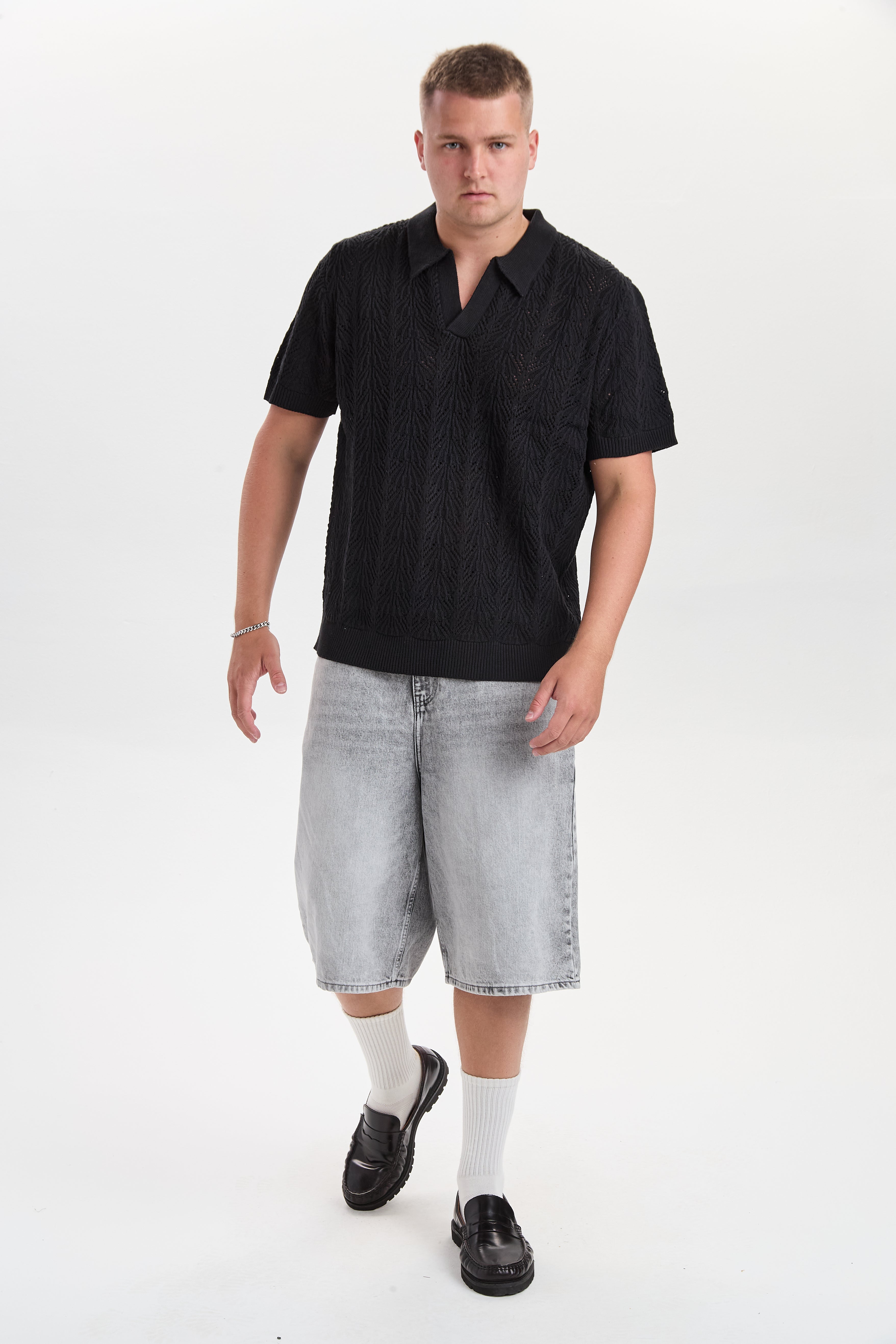 DXFane Black Chrochet Knit Polo